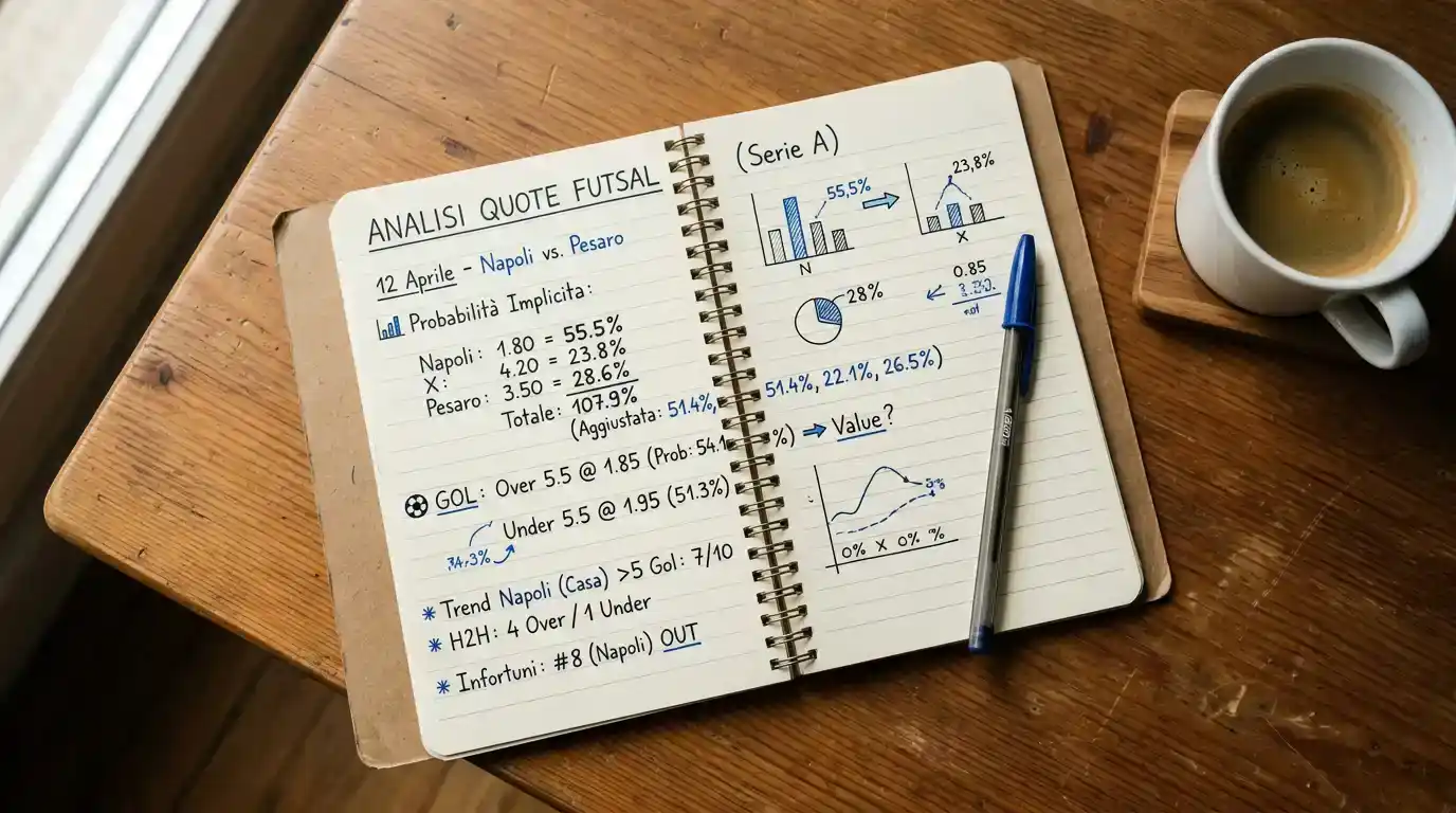 Blocco di appunti con analisi delle quote di una partita di futsal