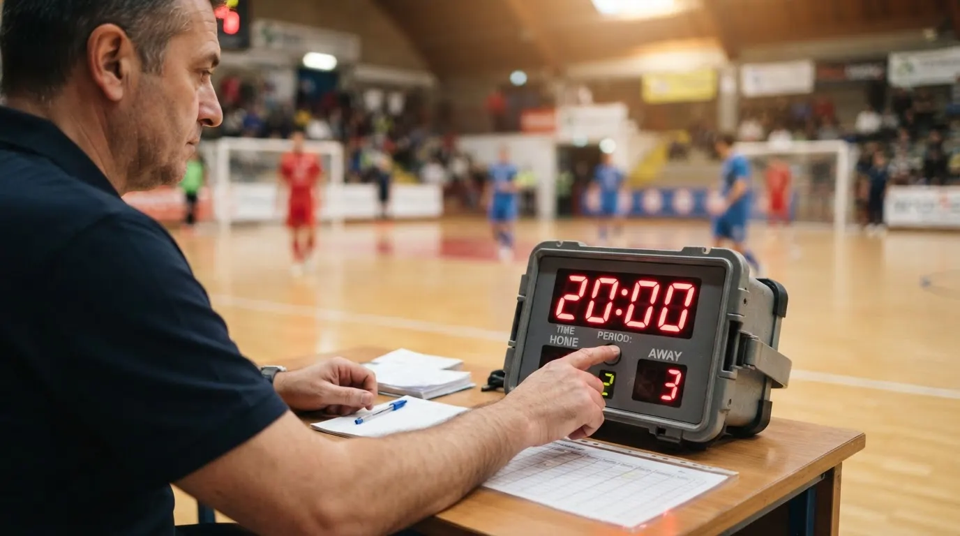 Cronometro arbitrale del calcio a 5 che misura i venti minuti di tempo effettivo