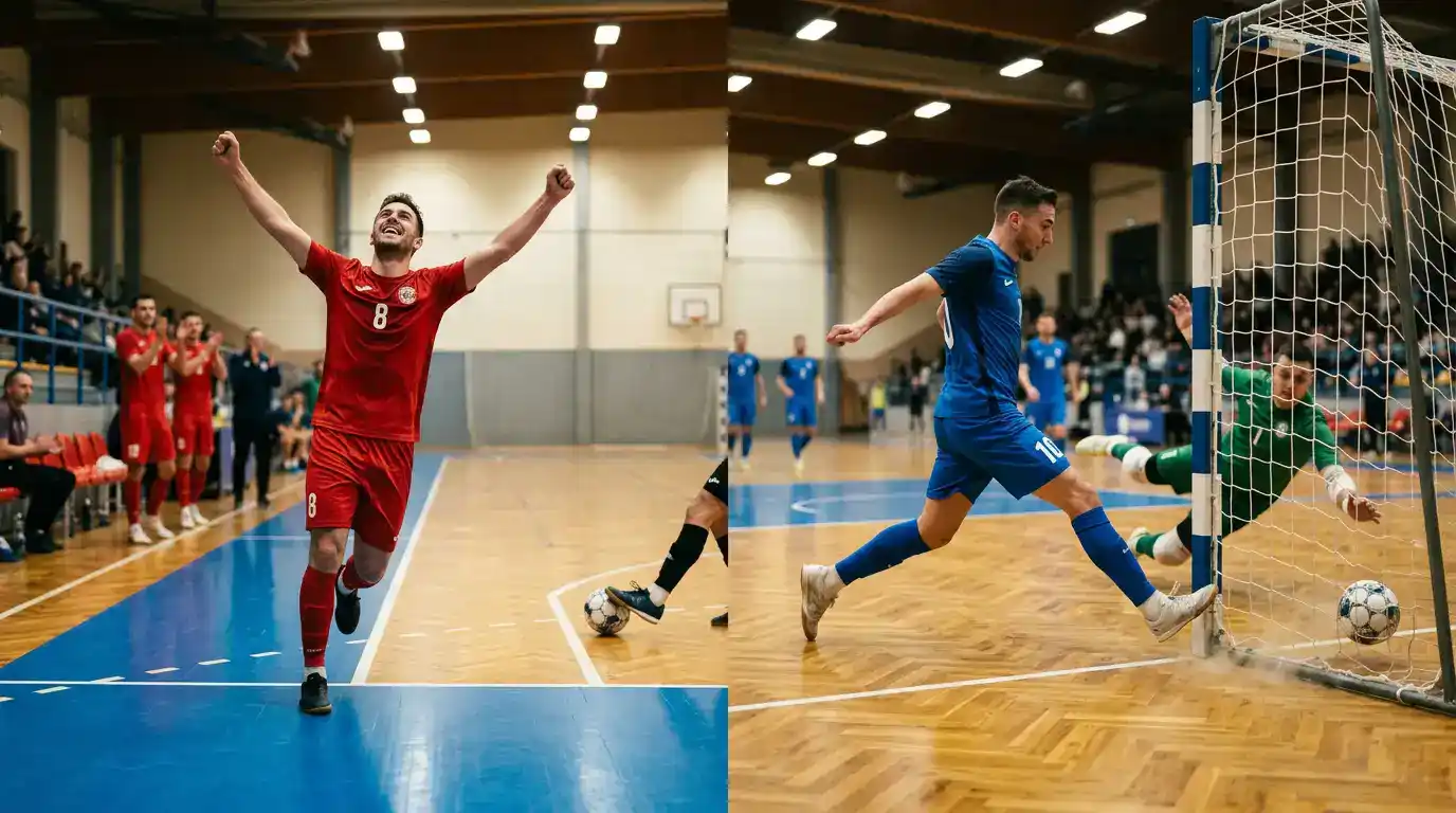 Azione di gol in una partita di futsal con entrambe le squadre offensive