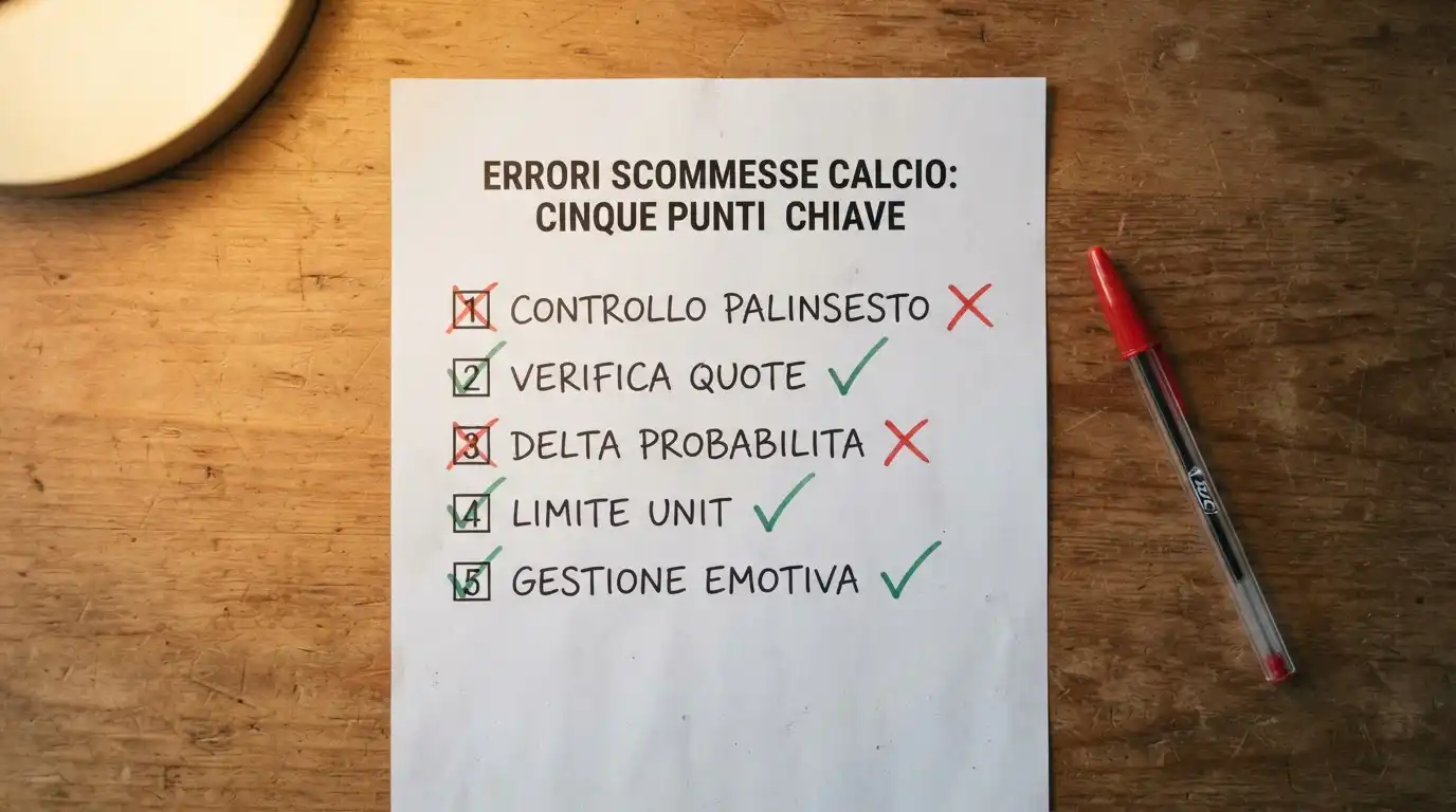 Lista di controllo cartacea con voci barrate, simbolo della revisione degli errori di scommessa