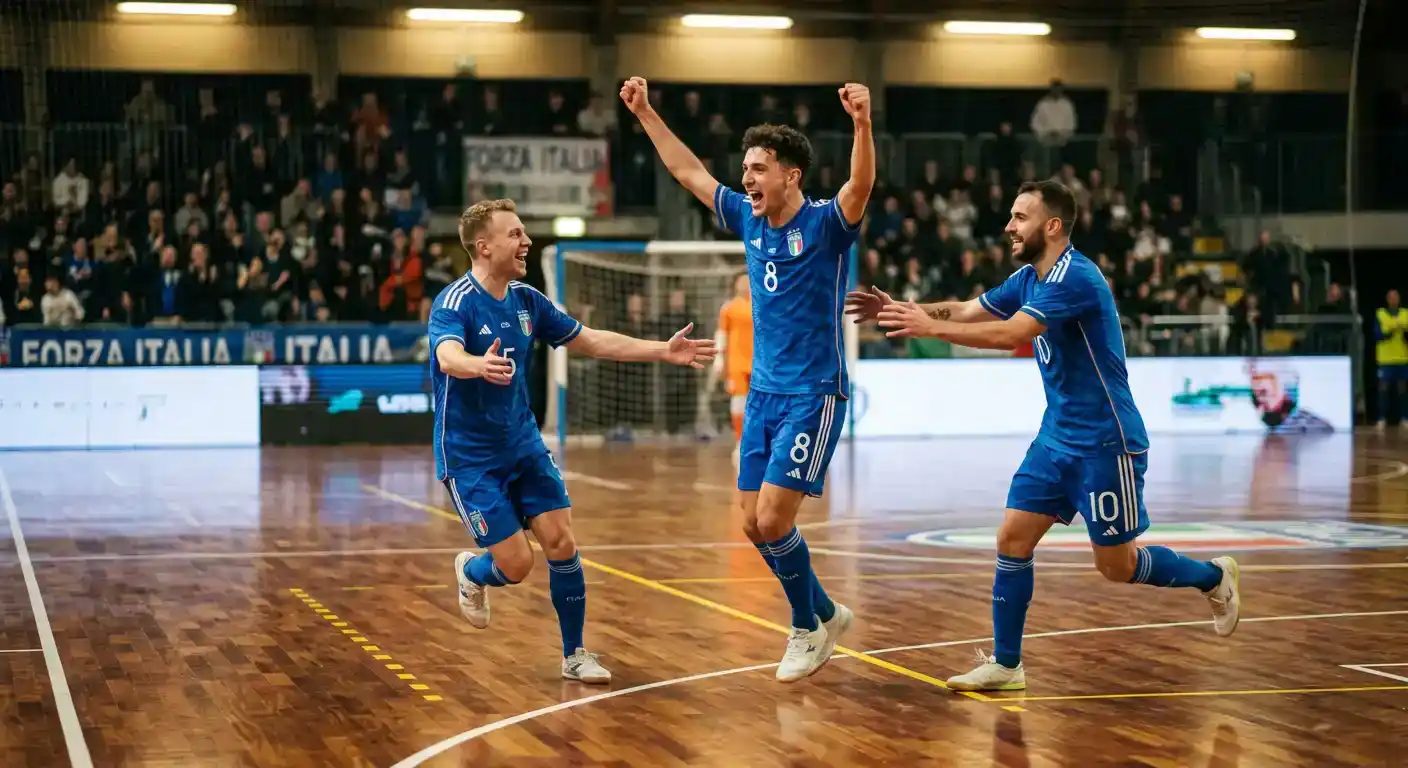Giocatori di una nazionale di futsal festeggiano un gol segnato