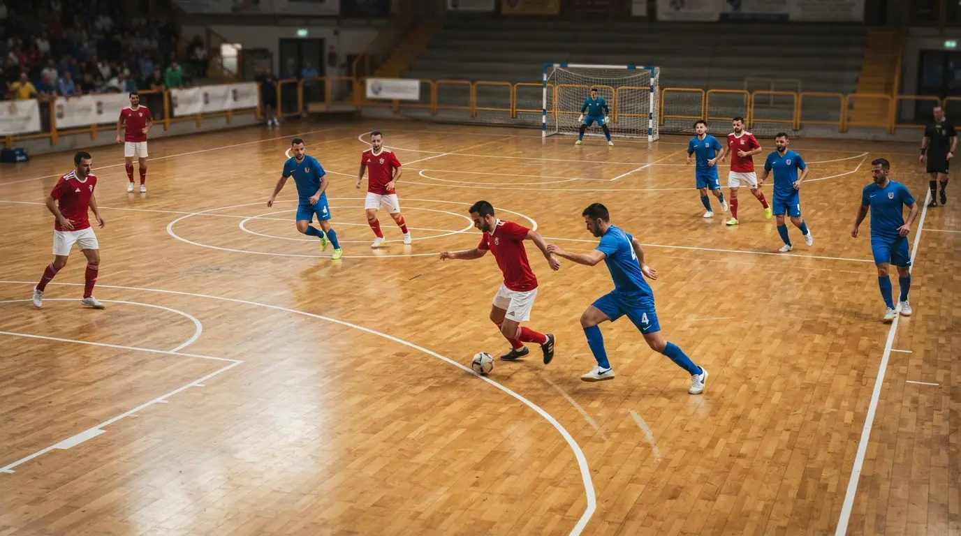Cinque giocatori di futsal in azione sul parquet 40 per 20 metri