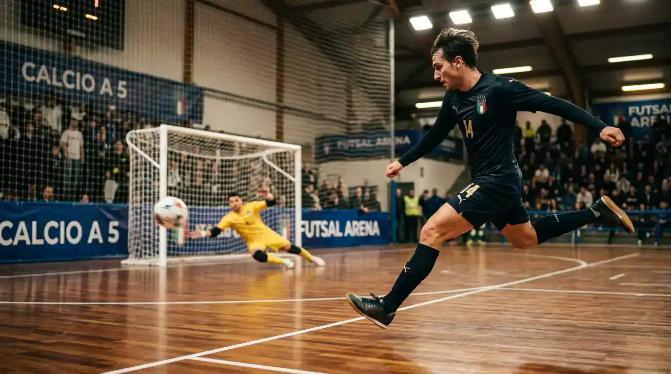 Pivot di futsal calcia verso la porta durante una azione offensiva
