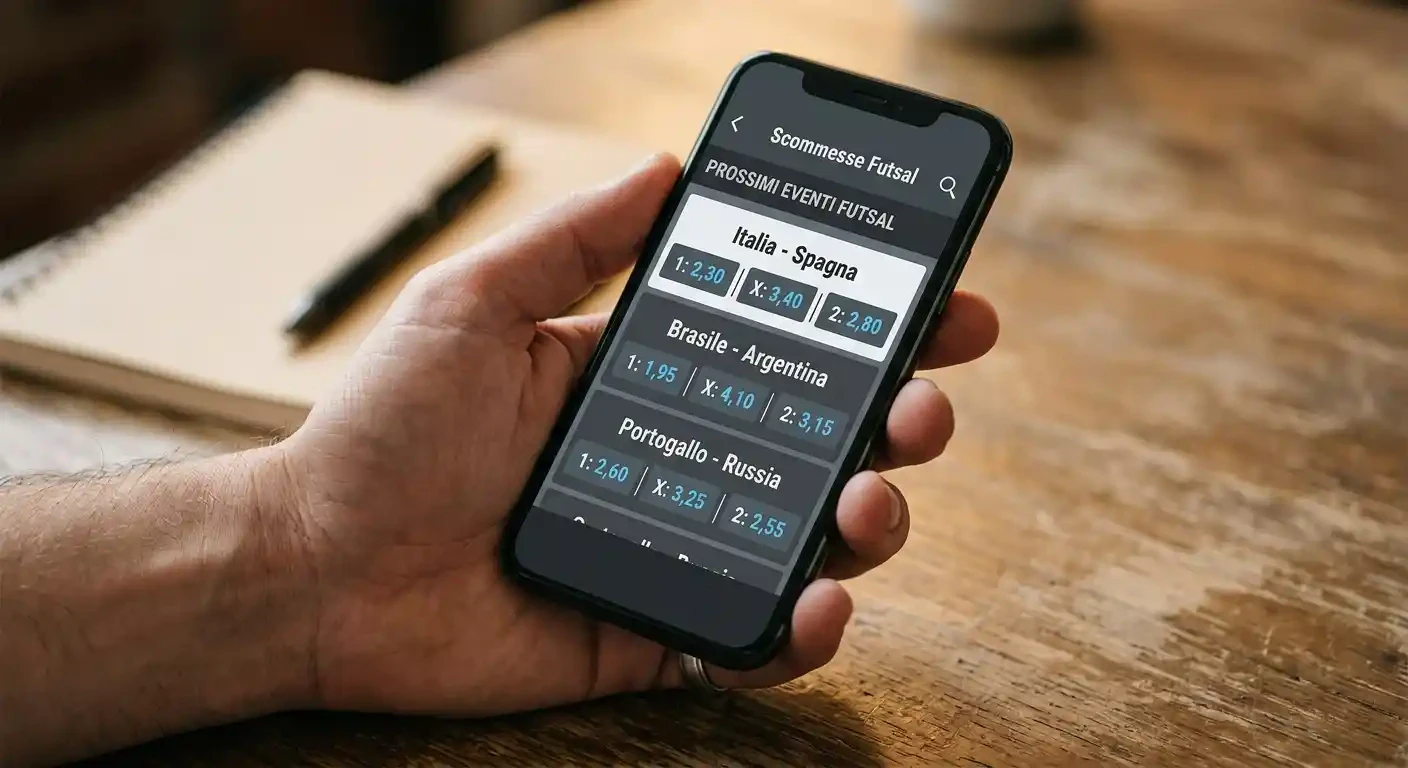 Schermo di smartphone con quote di scommesse su calcio a 5