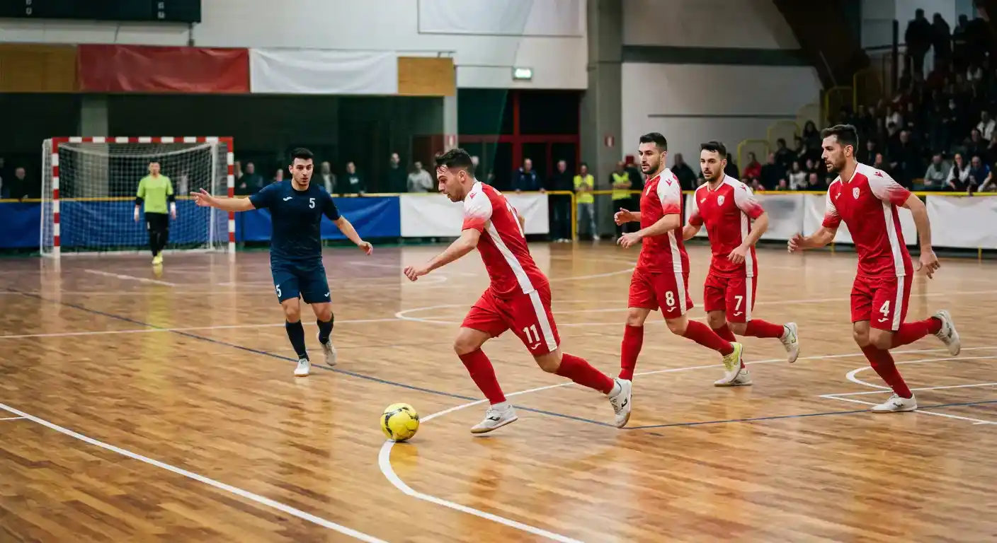 Squadra dominante di futsal attacca la difesa avversaria nel finale