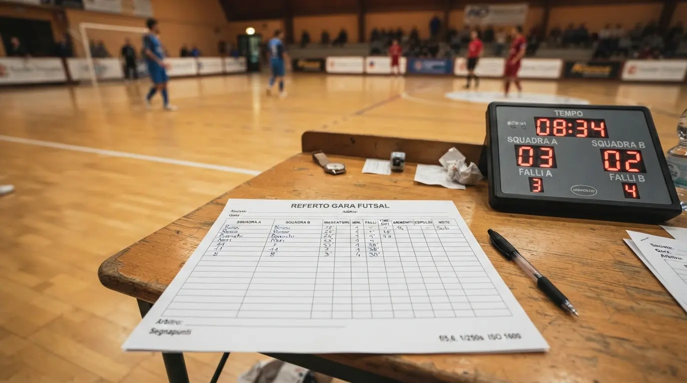 Tabellino con statistiche di partita di futsal annotato dal segnapunti