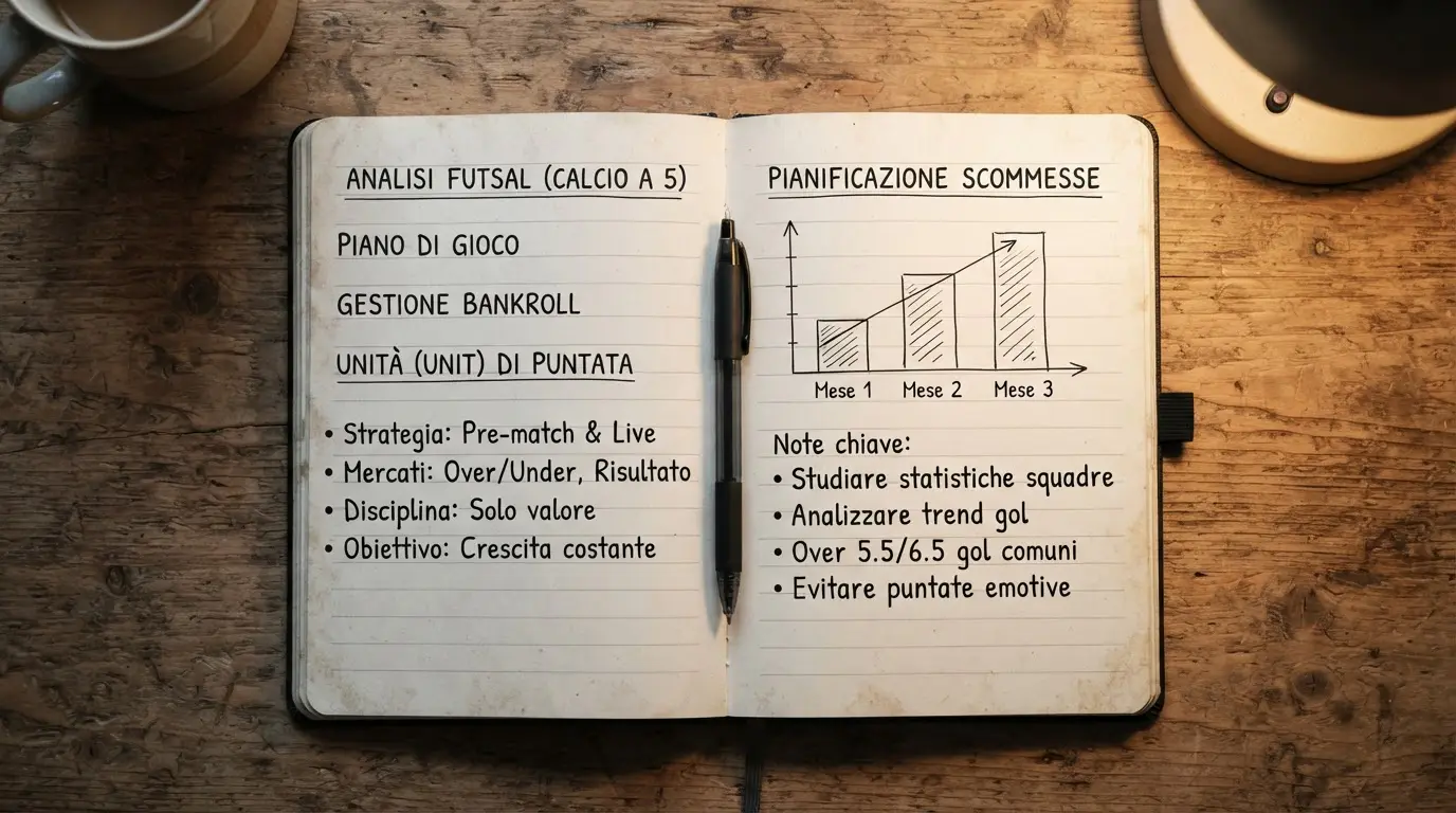 Taccuino aperto con annotazioni su giocate, quote ed esiti di partite di futsal